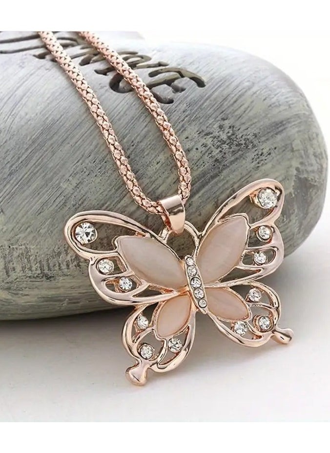 Home Clearance Sale - 1Pc Vintage Boho Style Rose Golden Alloy Butterfly Pendant Necklace with Rhinestone Accents for Women - All Season Elegant Jewelry for Daily and Party Wear - Image 1