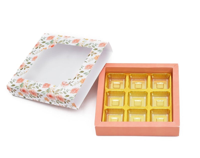 LINE 'N' CURVES LINE N CURVES Golden Tray 9 Cavity Empty Gift Boxes Holi Diwali Festival Gift Hamper Box Pack of 50 White Floral Designer Chocolate Sweets Confectionery Box - Image 3