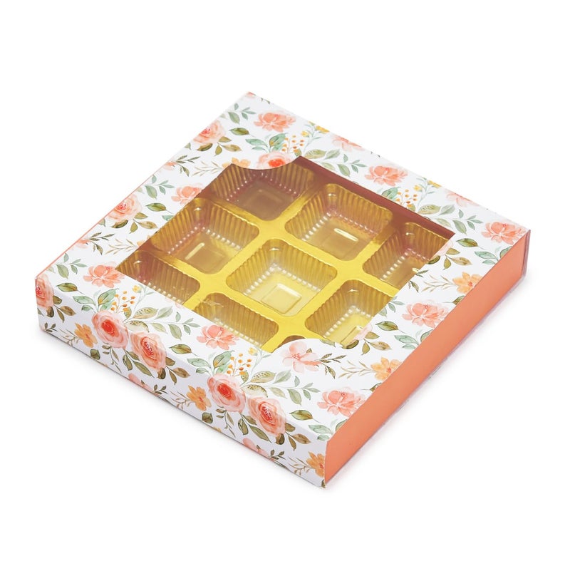 LINE 'N' CURVES LINE N CURVES Golden Tray 9 Cavity Empty Gift Boxes Holi Diwali Festival Gift Hamper Box Pack of 50 White Floral Designer Chocolate Sweets Confectionery Box - Image 1