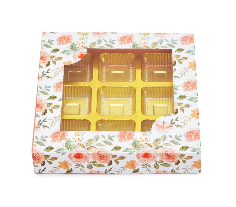 LINE 'N' CURVES LINE N CURVES Golden Tray 9 Cavity Empty Gift Boxes Holi Diwali Festival Gift Hamper Box Pack of 50 White Floral Designer Chocolate Sweets Confectionery Box - Image 4