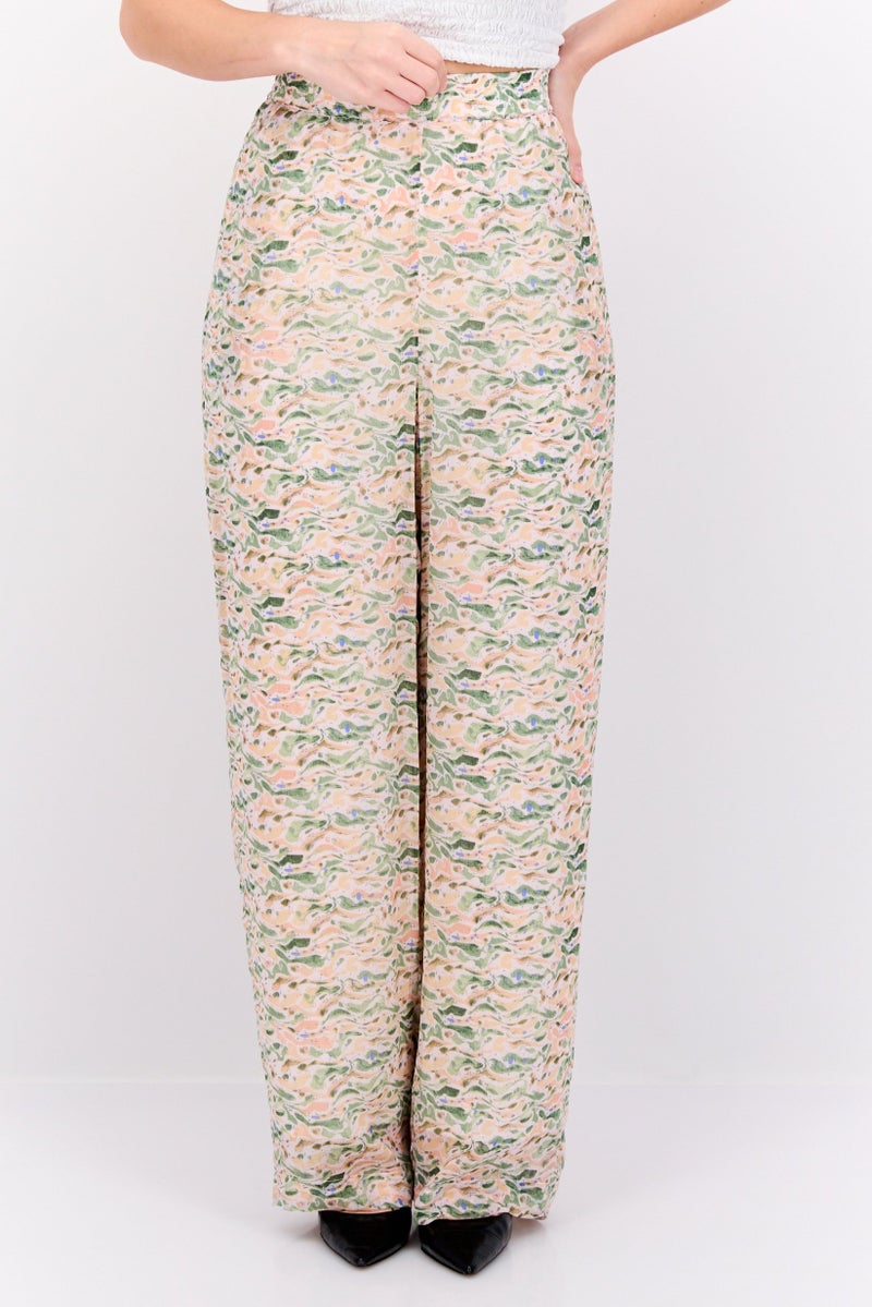 Scotch & Soda Women Regular Fit Allover Print Wide Pants, Beige - Image 1