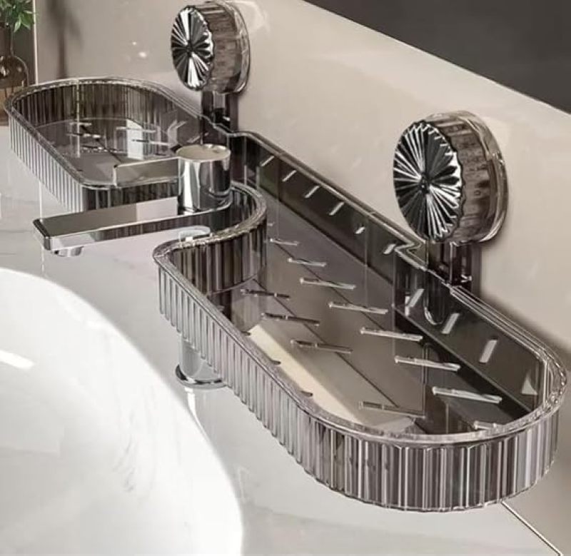 Grey Suction Cup Storage Rack Punch-Free Draining Faucet Shelf - No-Drill Space-Saving Wall Basket Sink Organizer for Kitchen and Bathroom - Image 2