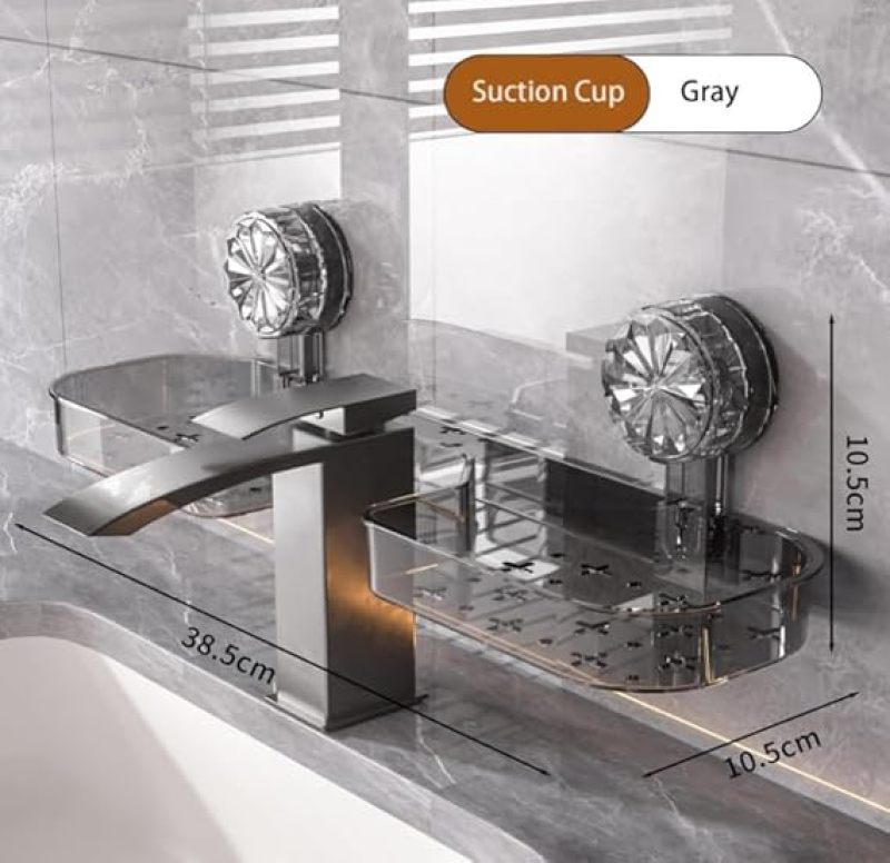 Grey Suction Cup Storage Rack Punch-Free Draining Faucet Shelf - No-Drill Space-Saving Wall Basket Sink Organizer for Kitchen and Bathroom - Image 3
