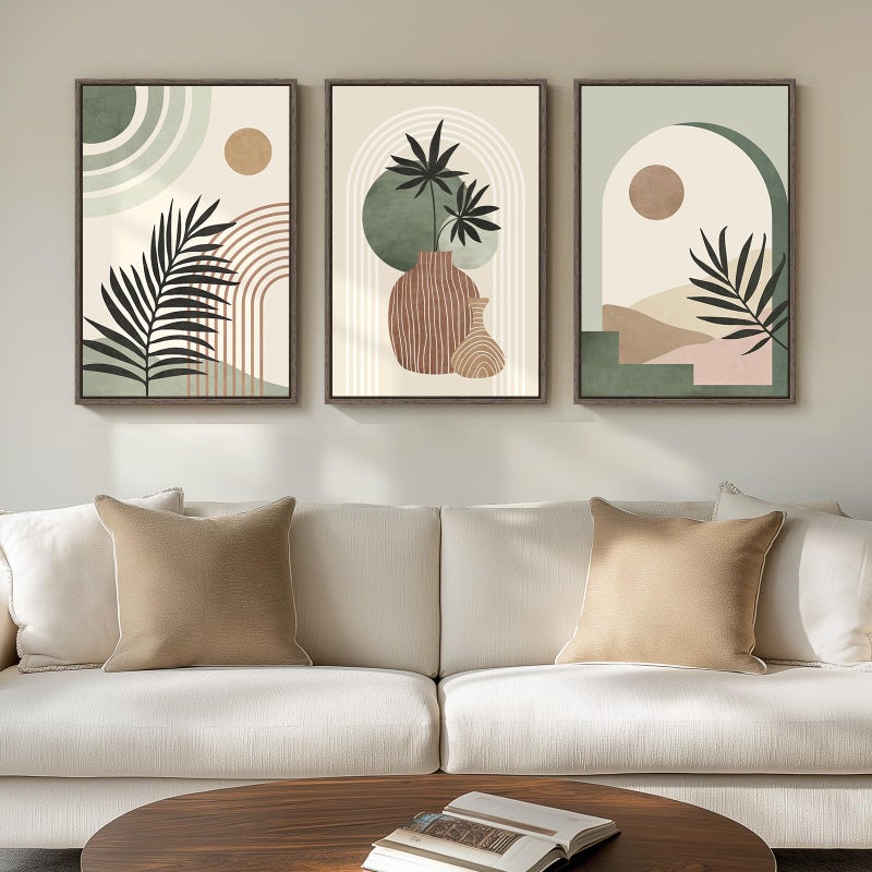 Cuspin Framed Sage Green Boho Wall Art Bedroom 3 Piece Neutral Bohemian Botanical Paintings Prints Canvas Artwork for Walls Large Mid Century Modern Pictures for Living Room Kitchen Wall Decor 16x24 Inch - Image 2
