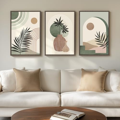 Cuspin Framed Sage Green Boho Wall Art Bedroom 3 Piece Neutral Bohemian Botanical Paintings Prints Canvas Artwork for Walls Large Mid Century Modern Pictures for Living Room Kitchen Wall Decor 16x24 Inch - Image 1