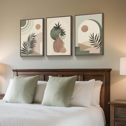 Cuspin Framed Sage Green Boho Wall Art Bedroom 3 Piece Neutral Bohemian Botanical Paintings Prints Canvas Artwork for Walls Large Mid Century Modern Pictures for Living Room Kitchen Wall Decor 16x24 Inch - Image 3