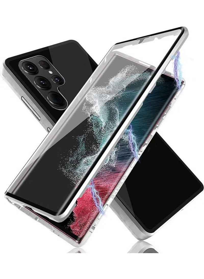 Phone Case Compatible with Galaxy S22 Ultra Magnetic Thin Metal Frame Double Sided Clear Tempered Glass Shockproof Camera Whole Body Protection Silver - Image 1