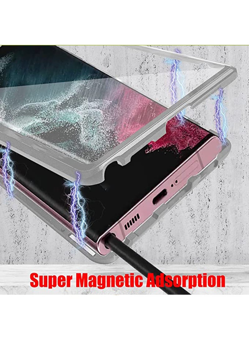 Phone Case Compatible with Galaxy S22 Ultra Magnetic Thin Metal Frame Double Sided Clear Tempered Glass Shockproof Camera Whole Body Protection Silver - Image 5