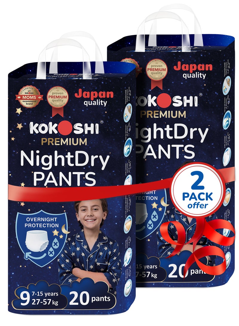 Kokoshi Premium NightDry Pants Size 9 (7–15 Years / 27–57 kg), 40 pcs – Ultra-Soft, Hypoallergenic, 12h Protection, Breathable, Leak-Proof Japanese Pull-Up Nappies - Image 1