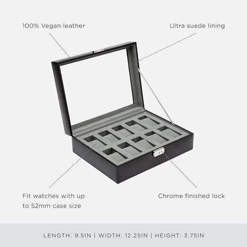 Wolf Designs WOLF Heritage 10-Piece Watch Box, Black - Features 10 Watch Compartments, Faux Leather Exterior & Ultra-Suede Lining - Image 4