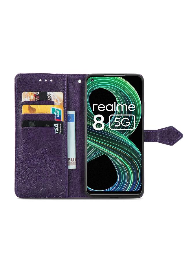 اس-توب جراب لهاتف OPPO Realme 8 5G، جراب جلدي أفقي منقوش عليه زهرة ماندالا مع حامل وثلاث فتحات للبطاقات ومحفظة وحبل - Image 3