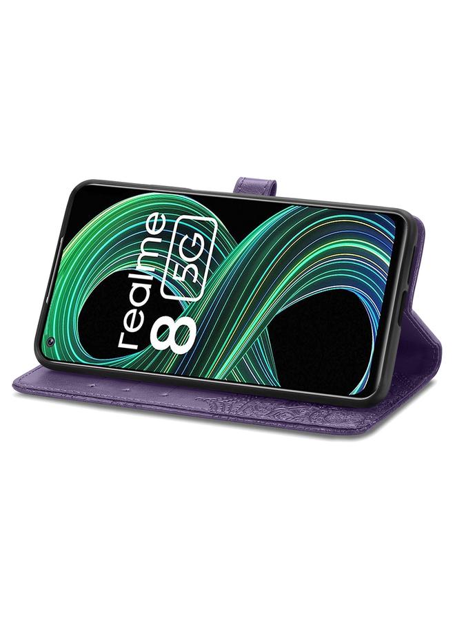 اس-توب جراب لهاتف OPPO Realme 8 5G، جراب جلدي أفقي منقوش عليه زهرة ماندالا مع حامل وثلاث فتحات للبطاقات ومحفظة وحبل - Image 4