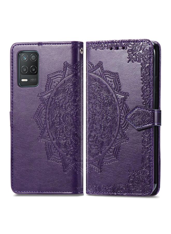 اس-توب جراب لهاتف OPPO Realme 8 5G، جراب جلدي أفقي منقوش عليه زهرة ماندالا مع حامل وثلاث فتحات للبطاقات ومحفظة وحبل - Image 2