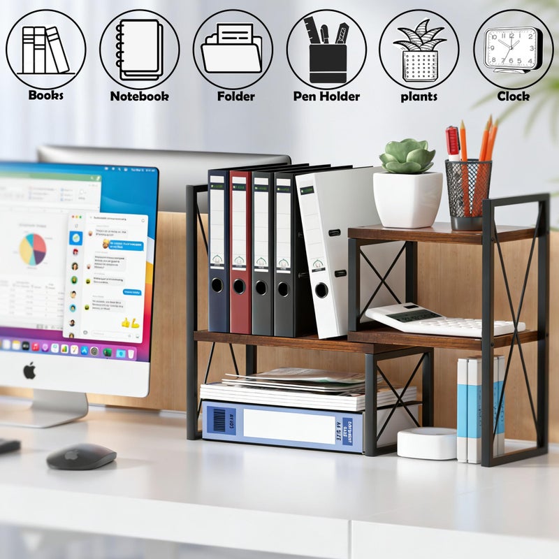 Yelinkws Desktop Shelf Organizer,Small Bookshelf for Office,Wood Desk Top Shelves, Office Organization and Storage (Brown) - Image 2
