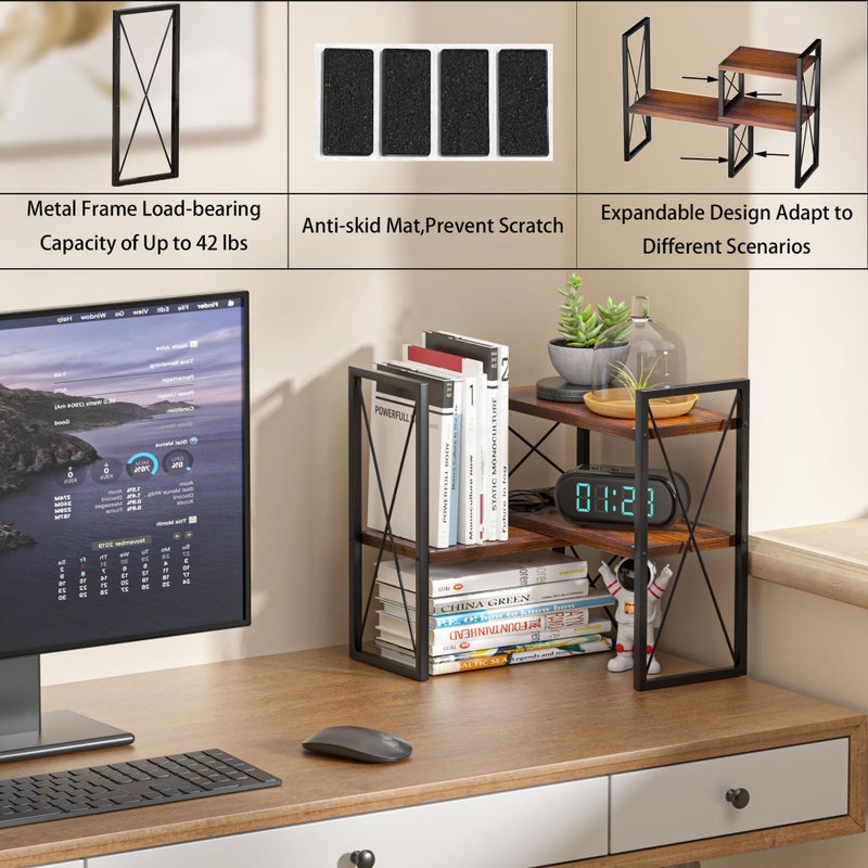 Yelinkws Desktop Shelf Organizer,Small Bookshelf for Office,Wood Desk Top Shelves, Office Organization and Storage (Brown) - Image 5