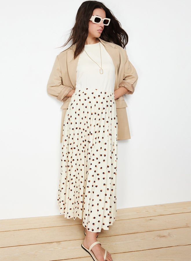 trendyol Ecru Lined Animal Polka Dot Pleated Woven Skirt - Image 1