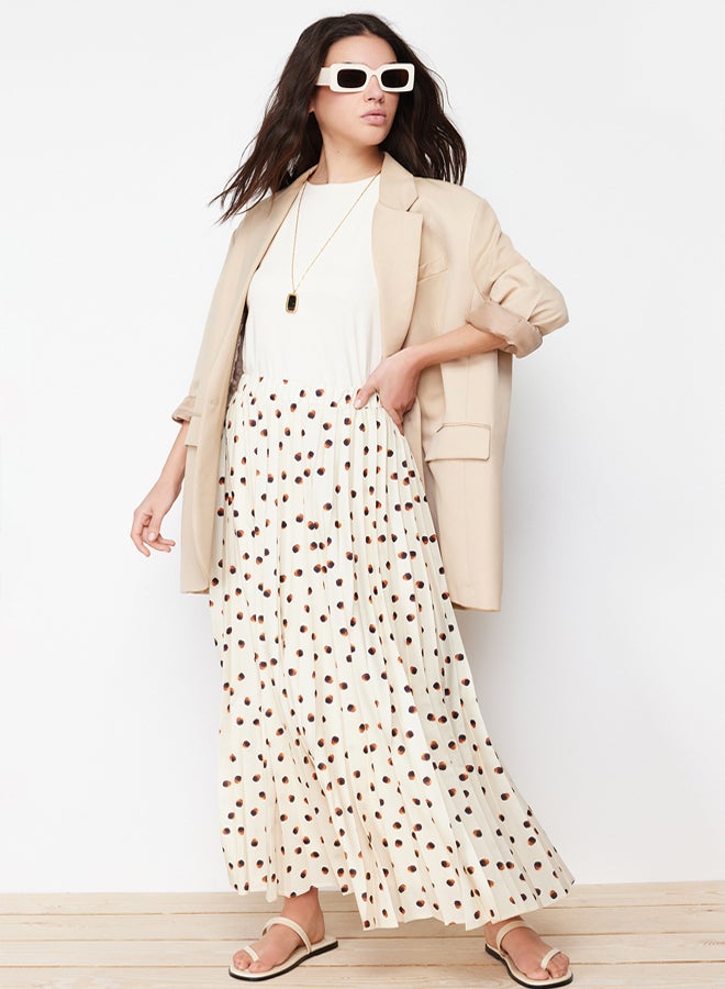 trendyol Ecru Lined Animal Polka Dot Pleated Woven Skirt - Image 4
