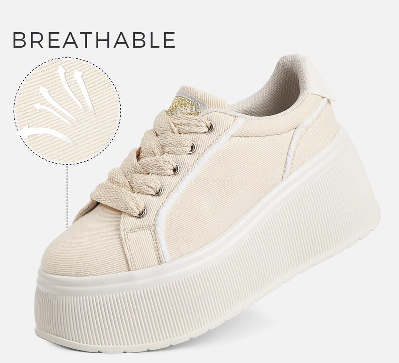 LUCKY STEP Women's Platform Fashion Sneakers Classic Wedge Canvas Casual Low Top Retro Walking Shoes(Beige,7 B(M) US) - Image 2