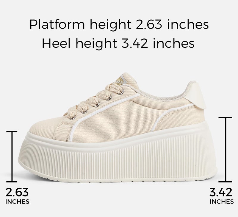LUCKY STEP Women's Platform Fashion Sneakers Classic Wedge Canvas Casual Low Top Retro Walking Shoes(Beige,7 B(M) US) - Image 3