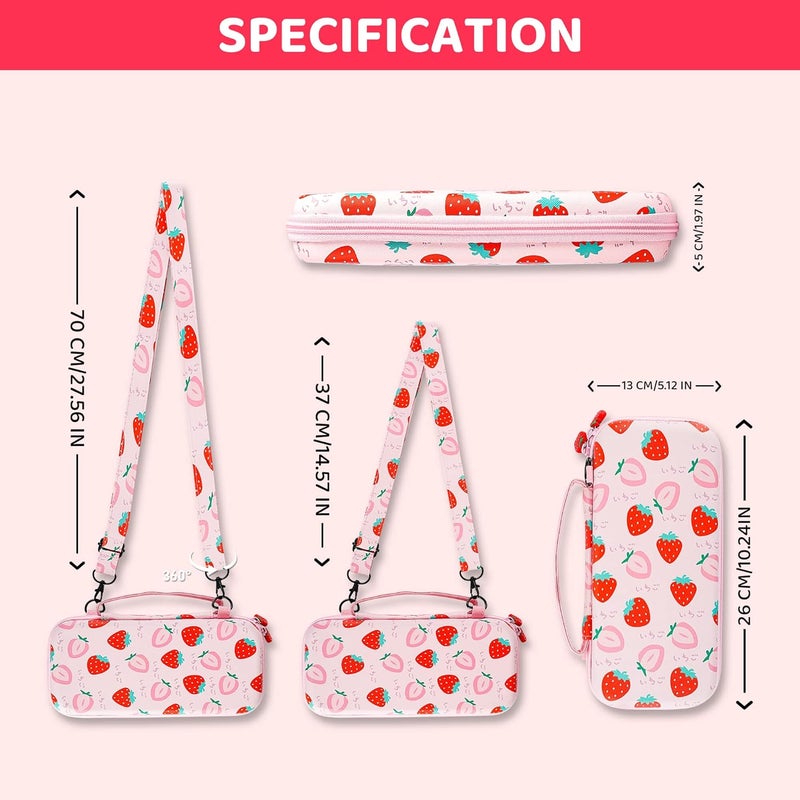 GLDRAM 6 in 1 Carrying Case Kit for Nintendo Switch OLED Case, Cute Travelling Case with Hard PC Pink Cover, Glass Screen Protector, Thumb Grip Caps, Shoulder Strap for Girls - Pink Strawberry - Image 3