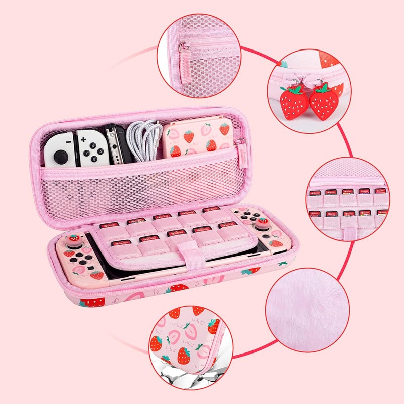 GLDRAM 6 in 1 Carrying Case Kit for Nintendo Switch OLED Case, Cute Travelling Case with Hard PC Pink Cover, Glass Screen Protector, Thumb Grip Caps, Shoulder Strap for Girls - Pink Strawberry - Image 2