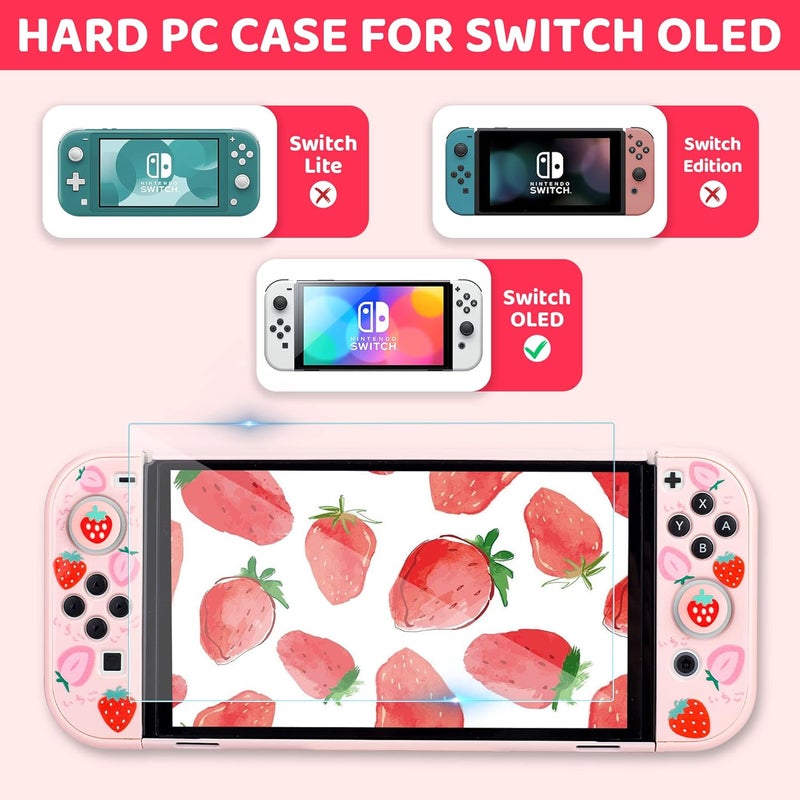 GLDRAM 6 in 1 Carrying Case Kit for Nintendo Switch OLED Case, Cute Travelling Case with Hard PC Pink Cover, Glass Screen Protector, Thumb Grip Caps, Shoulder Strap for Girls - Pink Strawberry - Image 5