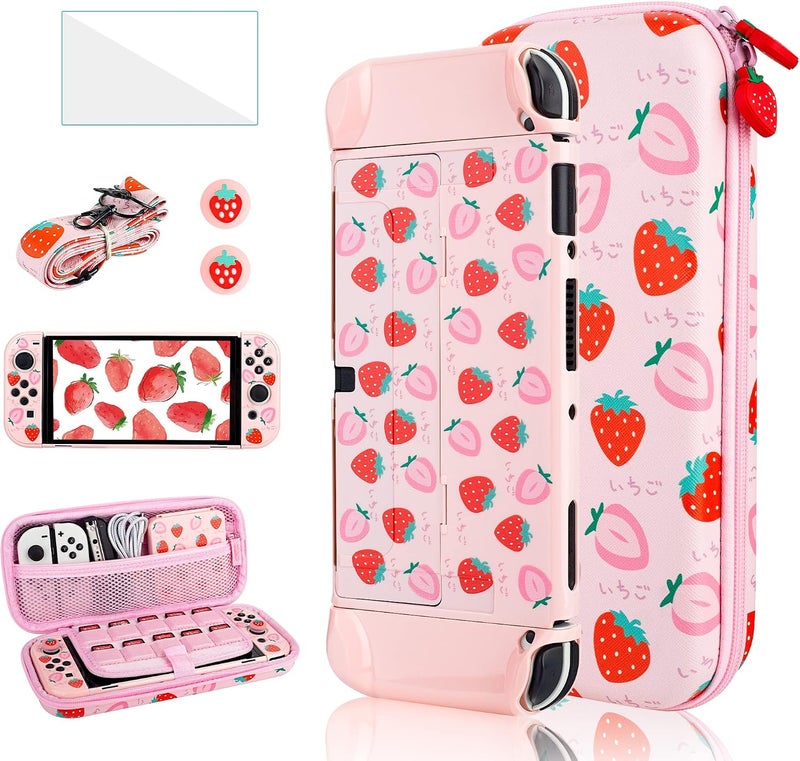GLDRAM 6 in 1 Carrying Case Kit for Nintendo Switch OLED Case, Cute Travelling Case with Hard PC Pink Cover, Glass Screen Protector, Thumb Grip Caps, Shoulder Strap for Girls - Pink Strawberry - Image 1