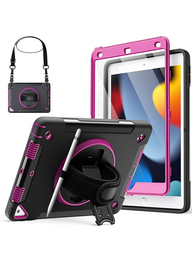 جي تيك حافظة لجهاز Ipad 10.2 بوصة الجيل التاسع والثامن والسابع 2021 2020 2019 مع واقي شاشة مدمج وغطاء لوحي متين مقاوم للصدمات وحزام يد دوار 360 درجة وحامل برقوقي - Image 1