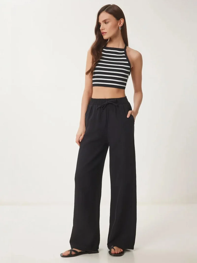 السعادة في إسطنبول ISTANBUL Wide Leg Drawstring Waist Pants with Binding Detail