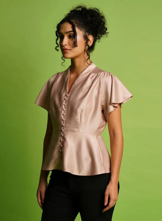 globus Solid Satin V-Neck Flutter Sleeve Peplum Top