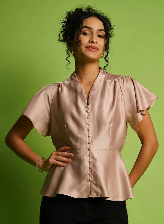 globus Solid Satin V-Neck Flutter Sleeve Peplum Top