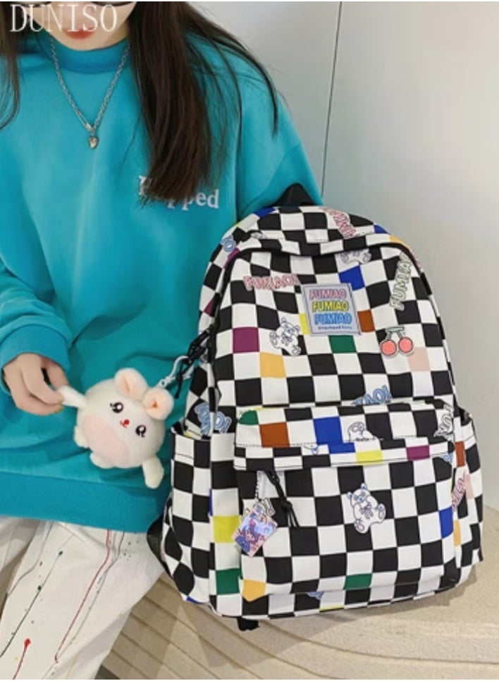 DUNISO Colorful Checkered Backpack | Cute Bunny Charm, Trendy for Outings - Image 1