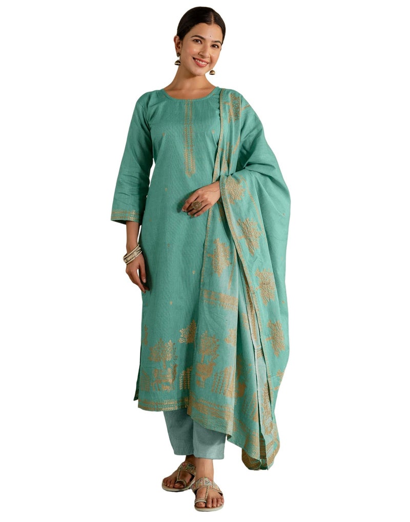 SIRIL Women's Cotton Jacquard Self Woven Straight Kurta with Pant & Dupatta (292KBD3054-XXL_Mint Green) - Image 1