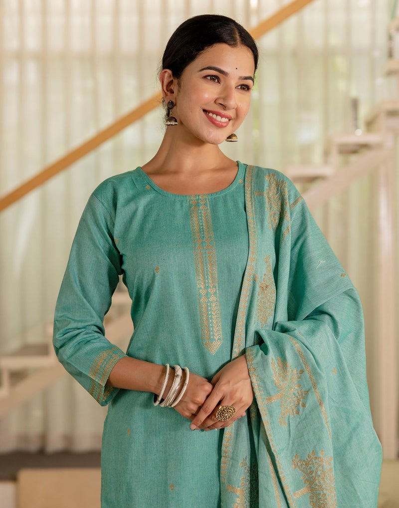 SIRIL Women's Cotton Jacquard Self Woven Straight Kurta with Pant & Dupatta (292KBD3054-XXL_Mint Green) - Image 2