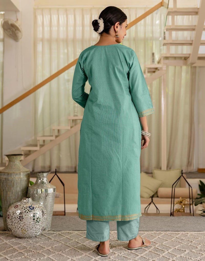 SIRIL Women's Cotton Jacquard Self Woven Straight Kurta with Pant & Dupatta (292KBD3054-XXL_Mint Green) - Image 4