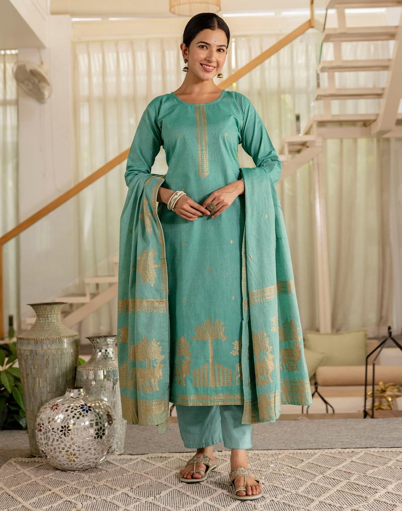 SIRIL Women's Cotton Jacquard Self Woven Straight Kurta with Pant & Dupatta (292KBD3054-XXL_Mint Green) - Image 3