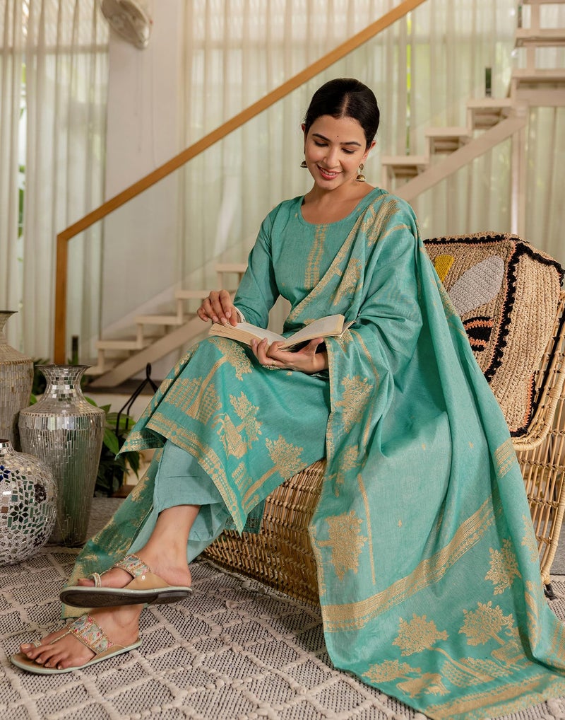 SIRIL Women's Cotton Jacquard Self Woven Straight Kurta with Pant & Dupatta (292KBD3054-XXL_Mint Green) - Image 5