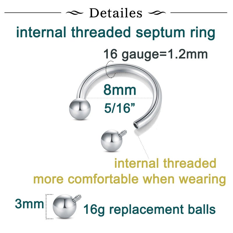 Longita Internally Threaded Septum Ring Silver Septum Rings 16g Septum Piercing Surgical Steel Septum Jewelry Septum Nose Rings 16 Gauge Small Septum Ring 8mm Horseshoe Ring with Replacement Balls - Image 2