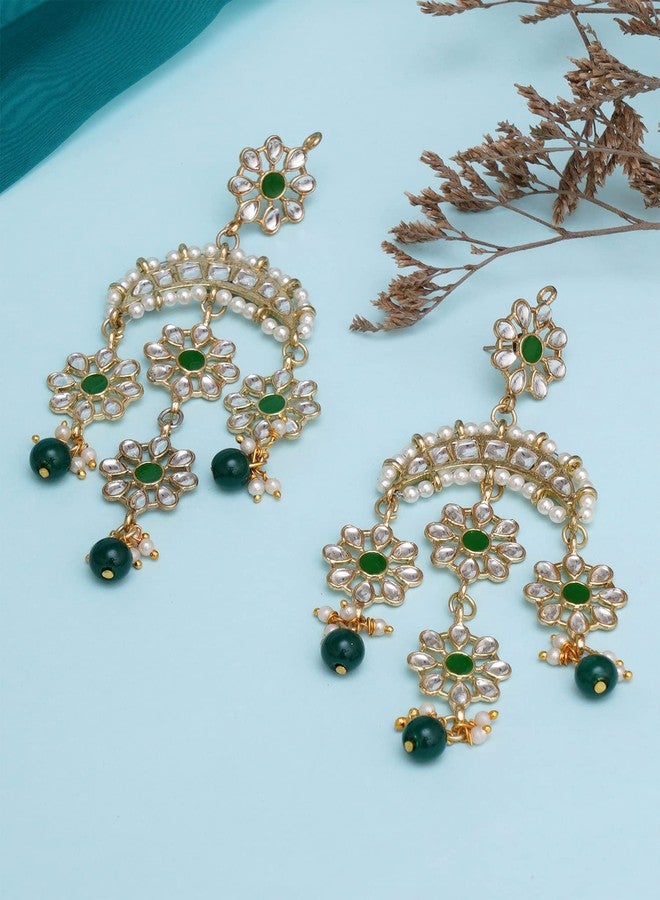 Karatcart Gold Plated Floral Green Meena Kundan Dangler Earrings for Women - Image 3