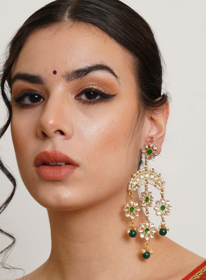 Karatcart Gold Plated Floral Green Meena Kundan Dangler Earrings for Women - Image 2