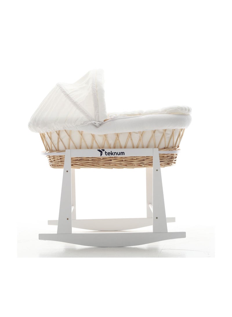 TEKNUM Infant Wicker Moses Basket With White Waffle Beddings And White Rocker Stand - Wooden Brown - Image 1