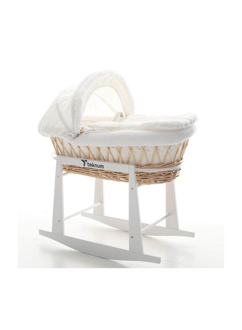 TEKNUM Infant Wicker Moses Basket With White Waffle Beddings And White Rocker Stand - Wooden Brown - Image 2