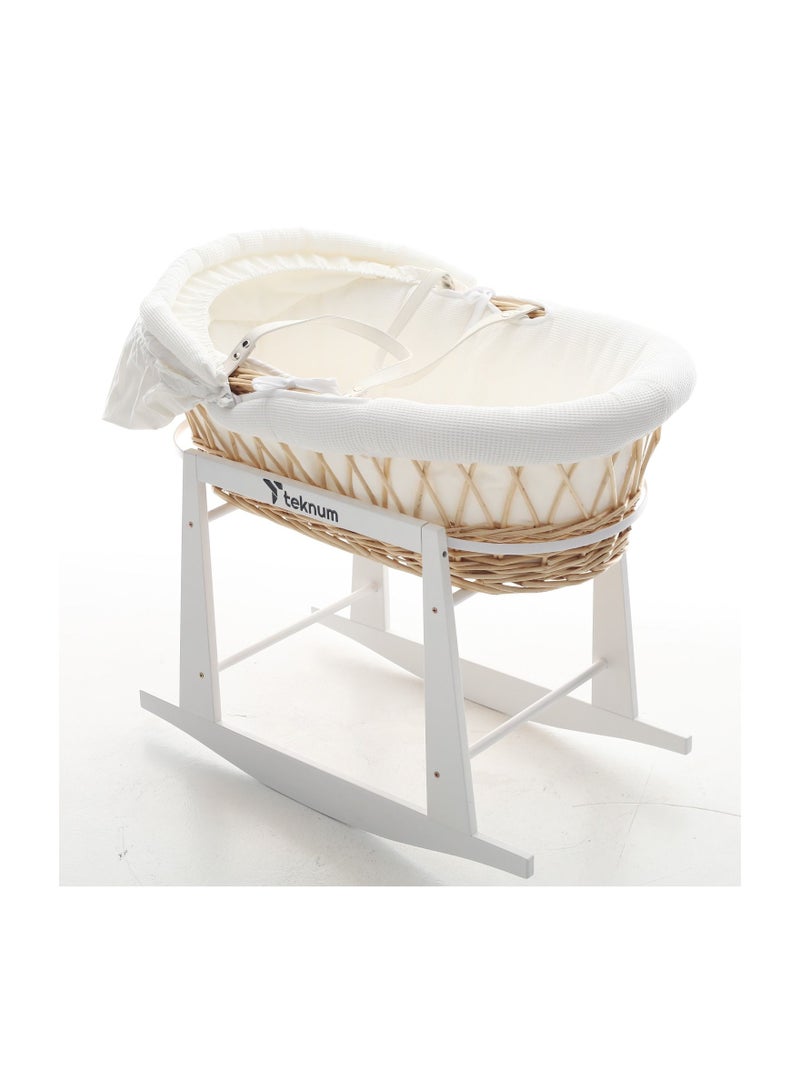 TEKNUM Infant Wicker Moses Basket With White Waffle Beddings And White Rocker Stand - Wooden Brown - Image 3