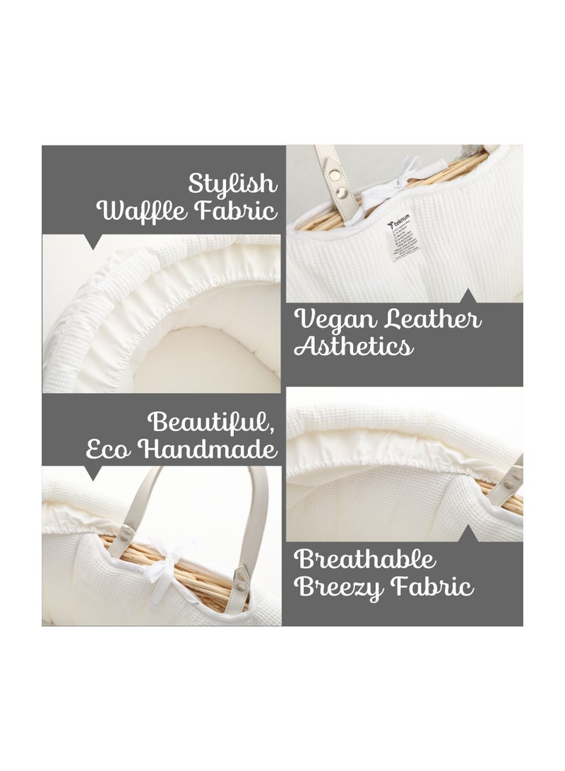 TEKNUM Infant Wicker Moses Basket With White Waffle Beddings And White Rocker Stand - Wooden Brown - Image 4