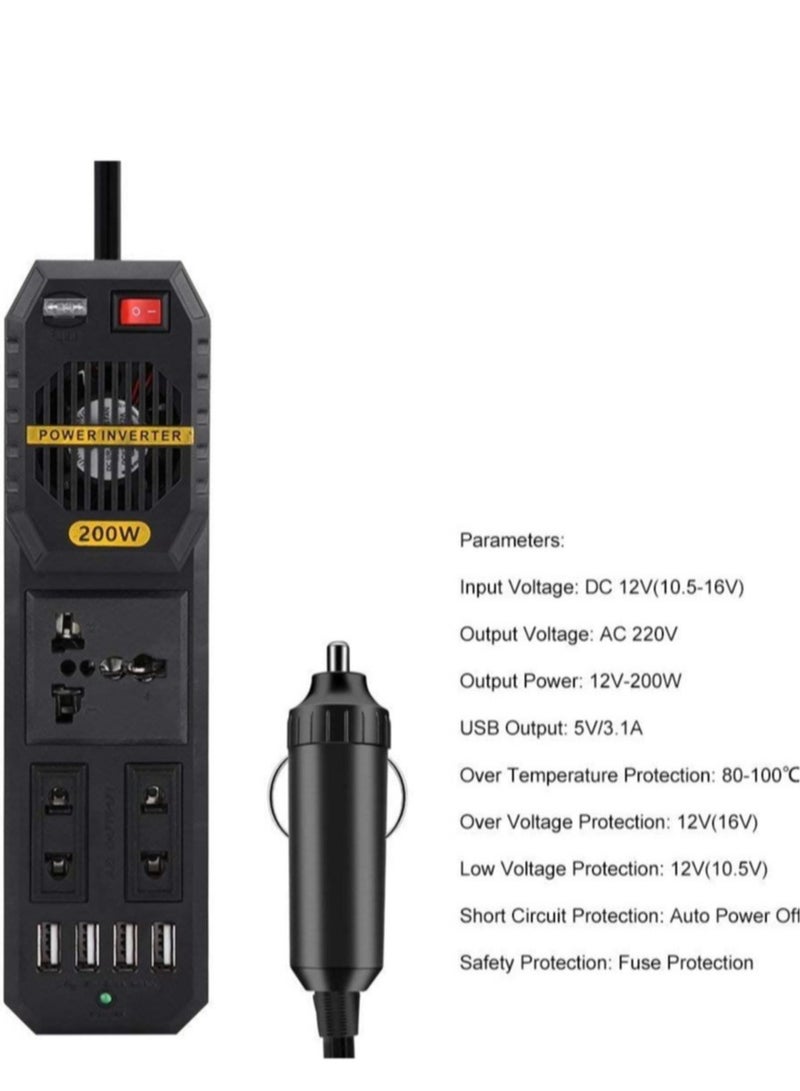 200W Power Inverter - DC 12V to AC 220V Car Power Inverter with 4 USB Ports, Multi-Protection Car Charger Adapter - Image 3