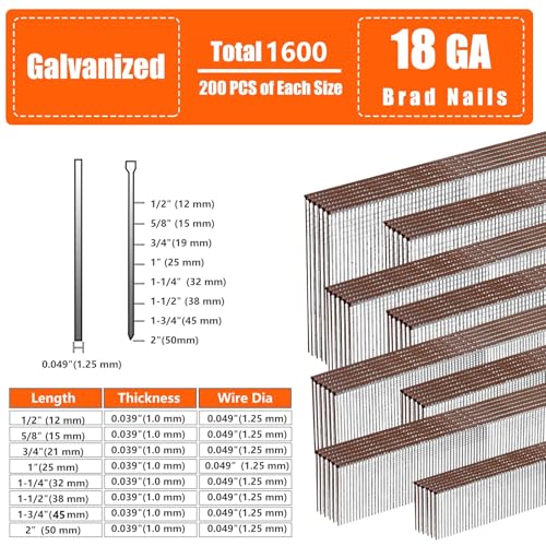 SITLDY 18 Gauge Galvanized Brad Nails Brown T-head 8 Sizes 1600-Pack (1/2"+5/8"+3/4"+1"+1-1/4"+1-1/2"+1-3/4"+2"), 200 per size Assorted Size Project Pack, for Pneumatic, Electric 18GA Brad Nailer Gun - Image 2