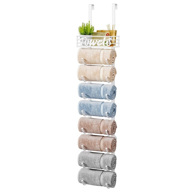 HapiRm Bathroom Towel Rack Holder  9Tier Over The Door  Wall Mount Rolled Towel Storage Organizer with Metal Shelf Basket for Small Bathroom Camper Rv  White Patented
