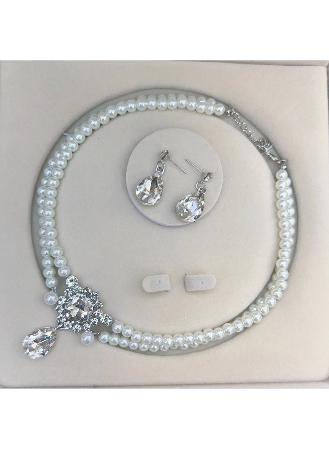 NIBEMINENT Fashionable New Simple Elegant Pearl and Diamond-Embellished Double Layer Beaded Necklace