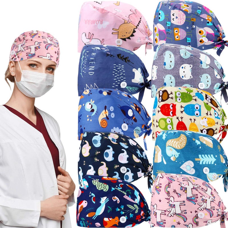 Geyoga 10 Pcs Scrub Caps Women Nursing Cap Surgical Cap Animals with Buttons Adjustable Breathable Turban Sweatband Tie Back Hats for Dentist Women Men