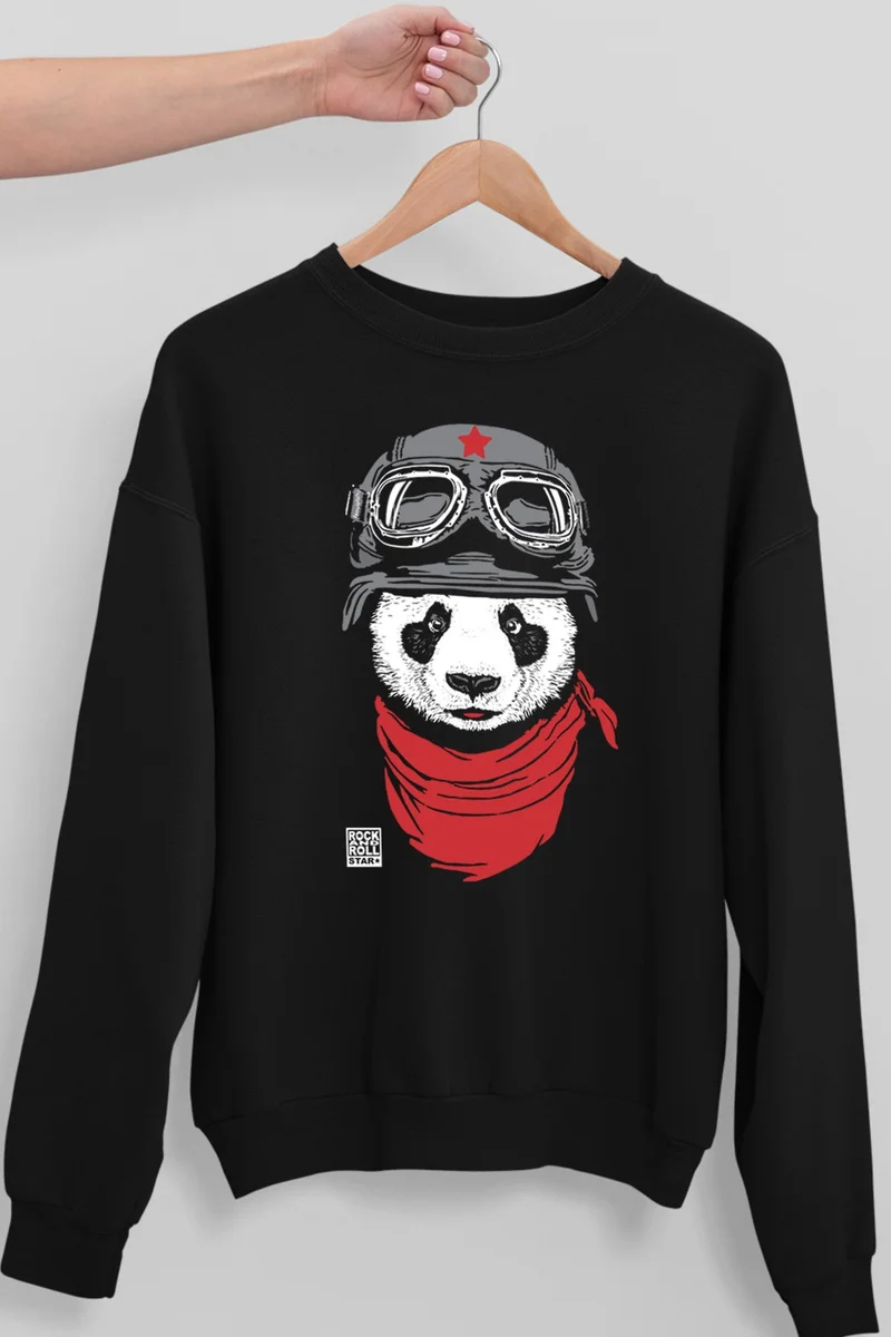 Rock&Roll Bandana Panda Black Crew Neck Thick Men's Sweatshirt